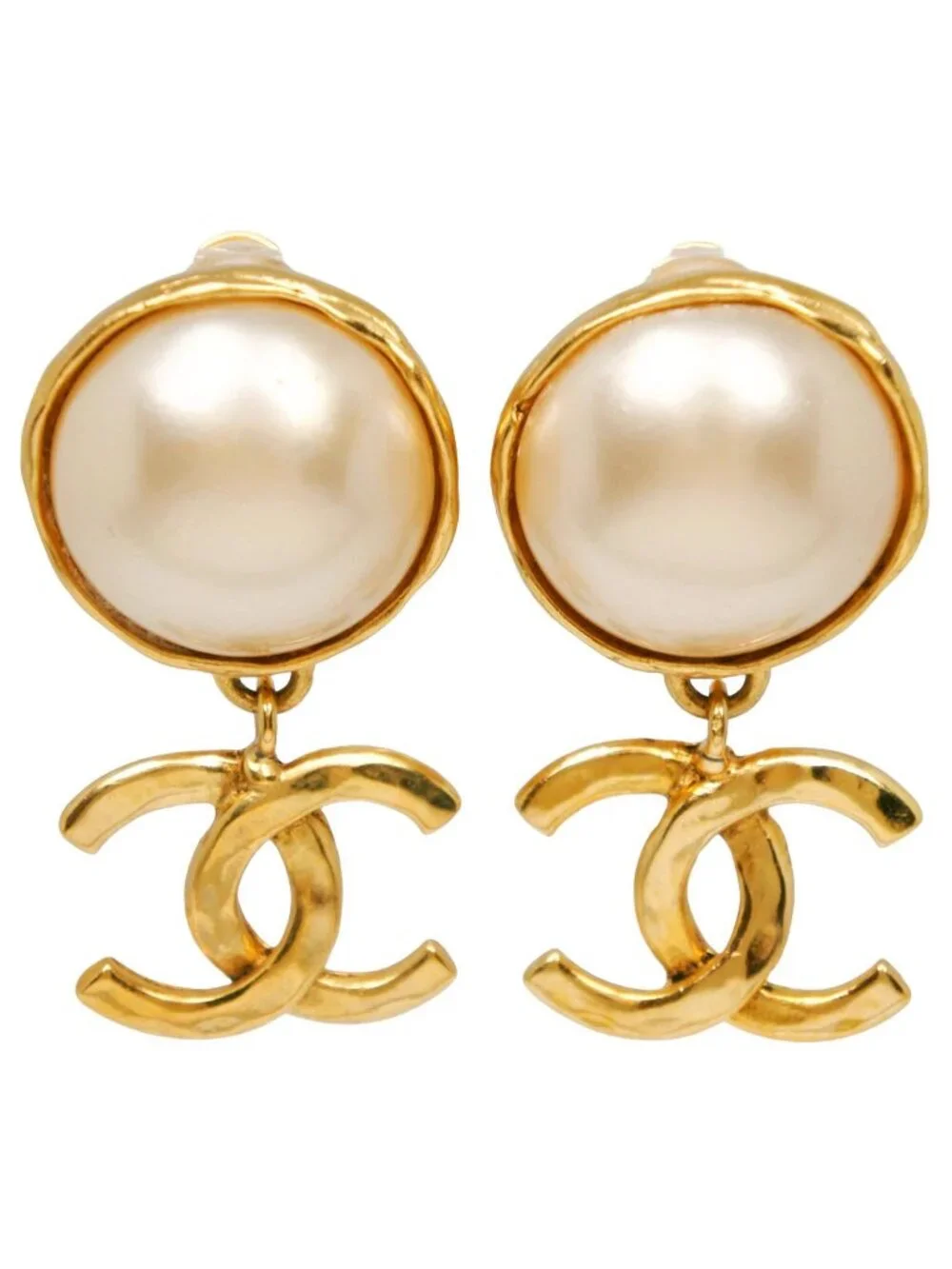 Chanel CC Logo Vintage Gold Plated Faux Pearl Earrings